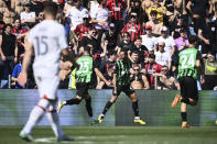 Sassuolo's Armand Lauriente scores their side's second goal of the game during the Serie A soccer match between Sassuolo and Milan at Mapei Stadium in Sassuolo, Italy, Sunday April 14, 2024 (Massimo Paolone/LaPresse)