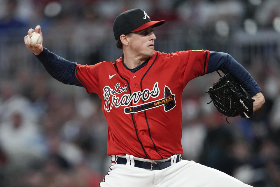 Atlanta Braves pitcher Kyle Wright works against the Chicago Cubs in the fifth inning of a baseball game, Thursday, Sept. 28, 2023, in Atlanta. (AP Photo/John Bazemore)
