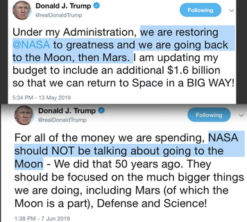 Trump vs. Trump: presidential tweets on the moon, one month apart.