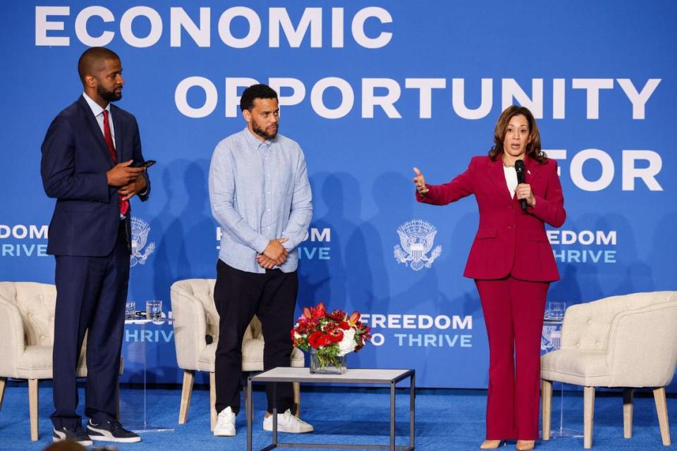 Vice President Kamala Harris speaks at Johnson C. Smith University in Charlotte, NC, as part of a nationwide Economic Opportunity Tour on Wednesday, June 12, 2024.