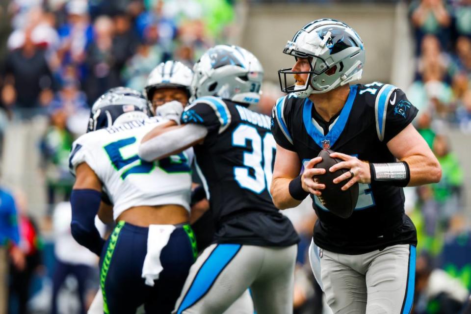 Carolina Panthers quarterback Andy Dalton (14) looks to pass against the Seattle Seahawks during the first quarter at Lumen Field.