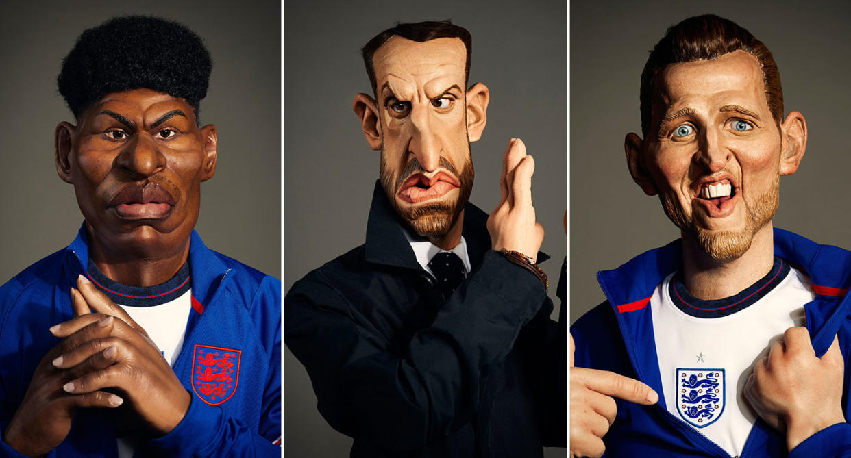 Three lions are coming to 'Spitting Image', as Marcus Rashford, Gareth Southgate and Harry Kane become puppets. (Mark Harrison/BritBox/Avalon)