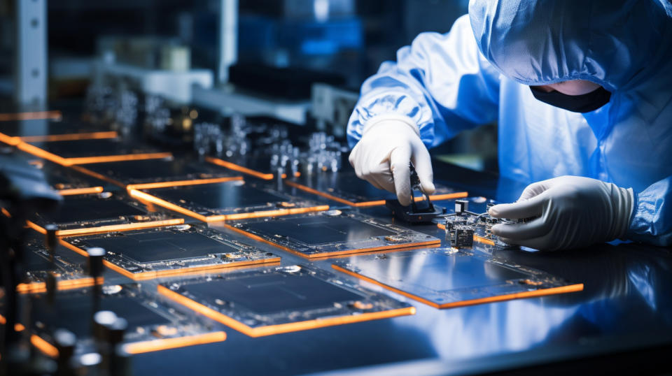 A worker assembling metal oxide semiconductor field effect transistors (MOSFETs) on a conveyer belt.