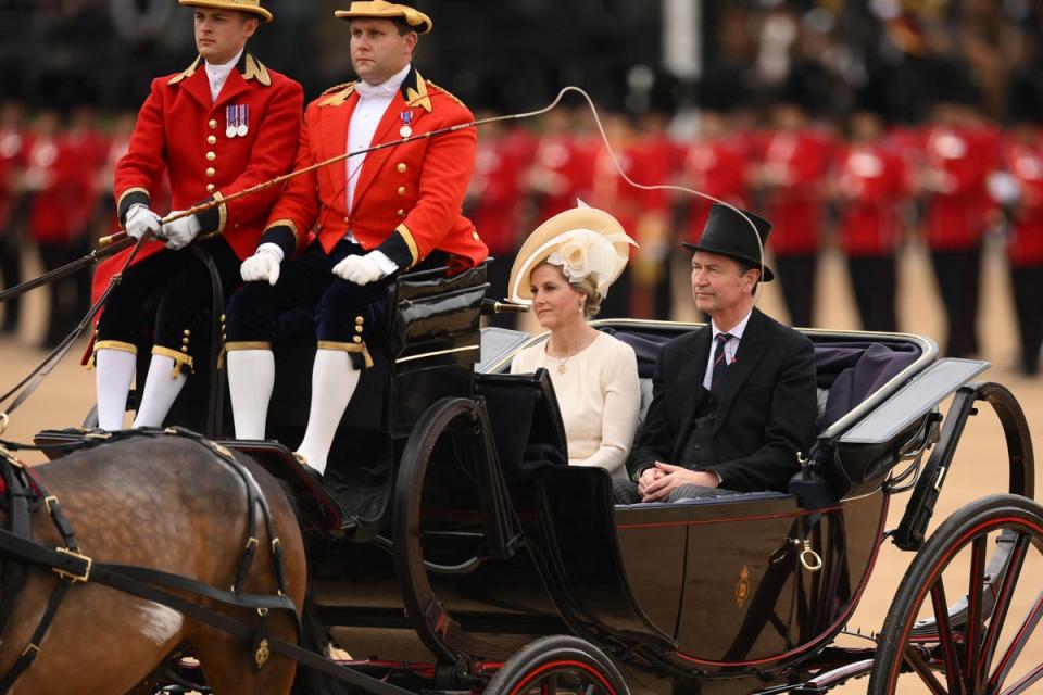 Sophie, Duchess of Edinburgh and Vice Admiral Timothy Laurence arrive in a horse-drawn carriage on Horse Guards Parade (AFP via Getty Images)