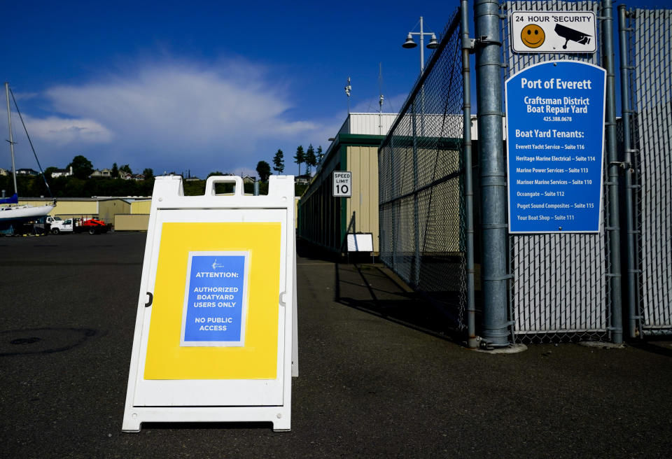A sign stating there is no public access to the OceanGate offices is seen Thursday, June 22, 2023, in Everett, Wash. The U.S. Coast Guard said Thursday that the missing submersible Titan imploded near the Titanic shipwreck site, killing everyone on board. (AP Photo/Lindsey Wasson)