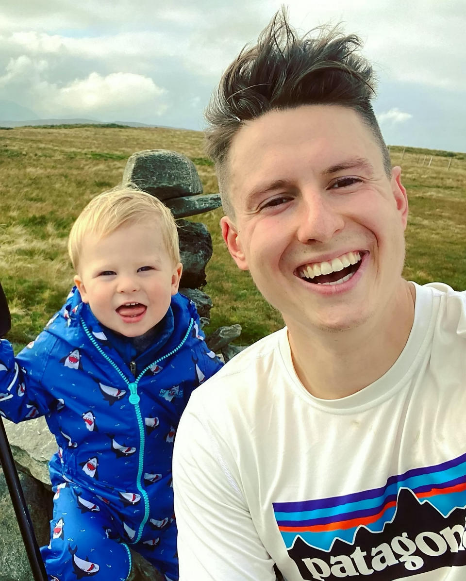 A baby was on top of the world as he tottered around a mountain summit. Little Joel Russell, 18 months, was carried up the top of Beinn Dubh, near Helensburgh, Argyll and Bute, by his dad, Kyle, 27. The tot, who has been walking since he was a year old, was given walking poles which Kyle made small enough for him to use. Dad-of-two Kyle said: "He was saying 'where are we going, where are we going?'."