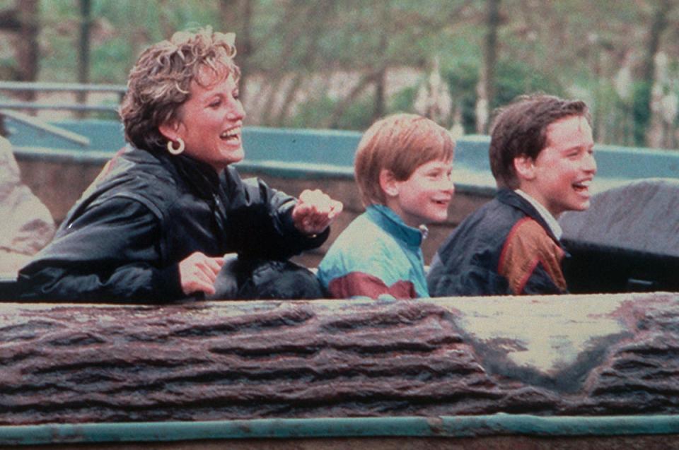 Diana enjoying a day out at Thorpe Park amusement park with Harry and William (Cliff Kent/PA) (PA Media)