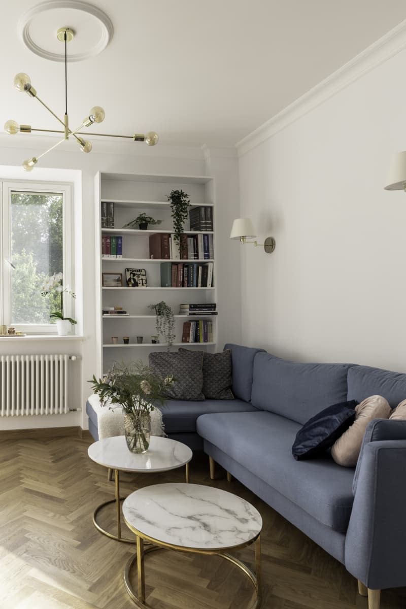 A white room with a bookcase full of colorful books flanked by a wall of windows and a blue couch.