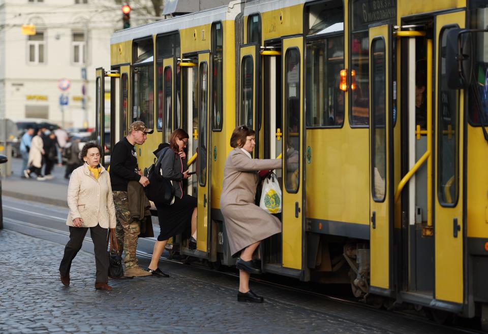 People board a train in Lviv Oblast of western Ukraine on Friday, May 5, 2023. | Scott G Winterton, Deseret News