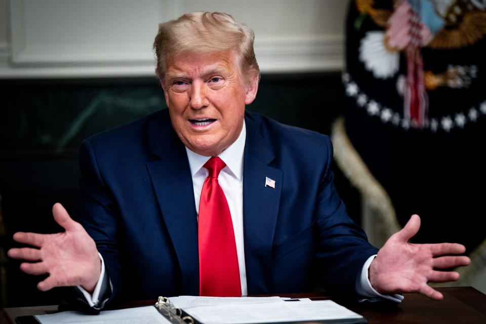 WASHINGTON, DC - NOVEMBER 26: President Donald Trump speaks in the Diplomatic Room of the White House on Thanksgiving on November 26, 2020 in Washington, DC. Trump had earlier made the traditional call to members of the military stationed abroad through video teleconference. (Photo by Erin Schaff - Pool/Getty Images)