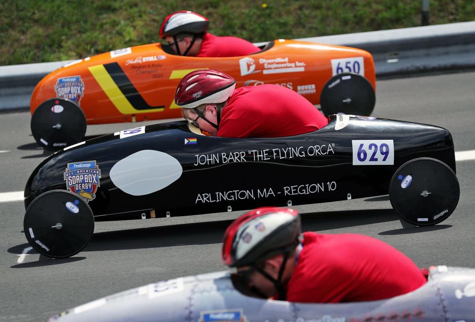 John Barr, 15, of Arlington, Massachusetts, competes in the rally super stock division during the third day of the All-American Soap Box Derby at Derby Downs.