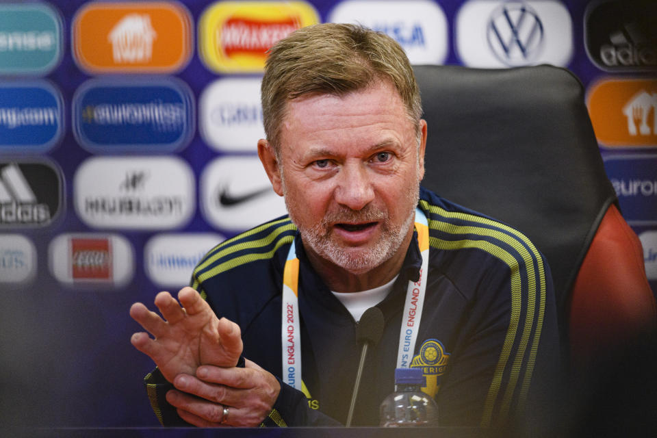 SHEFFIELD, ENGLAND - JULY 25: Sweden Head Coach Peter Gerhardsson talks for journalists during the UEFA Women's Euro England 2022 Sweden press conference and training session at Bramall Lane on July 25, 2022 in Sheffield, United Kingdom. (Photo by Marcio Machado/Eurasia Sport Images/Getty Images)