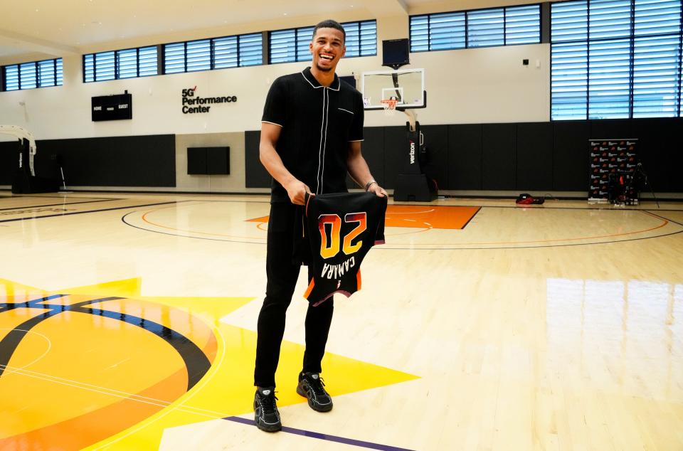 Phoenix Suns top draft pick Toumani Camara during a news conference at Verizon 5G Performance Center in Phoenix on June 27, 2023.