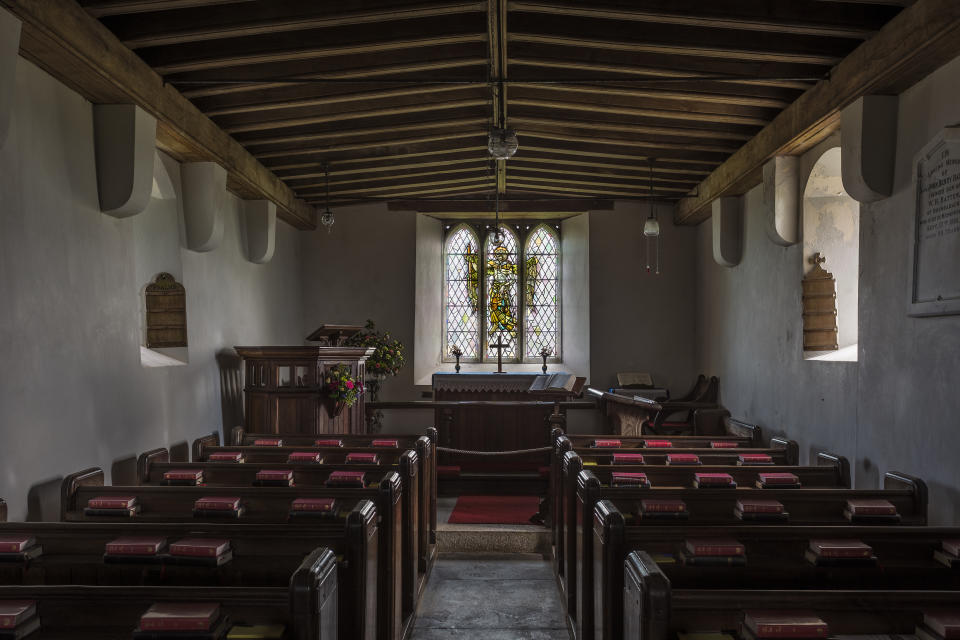 Interior of The Church of St Micheal de Rupe on Brentor, Dartmoor National Park, Devon England UK