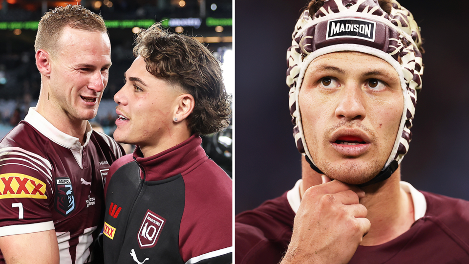 Daly Cherry-Evans embraces Reece Walsh and Kalyn Ponga reacts.