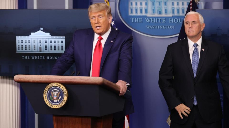 PHOTO: In this Nov. 24, 2020 file photo President Donald Trump and Vice President Mike Pence prepare to speak to the press in the James Brady Press Briefing Room at the White House on in Washington, D.C. (Chip Somodevilla/Getty Images, FILE)