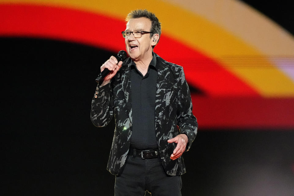 Bjorn Skifs sings the song 'Hooked on a Feeling' ahead of the the Grand Final of the Eurovision Song Contest in Malmo, Sweden, Saturday, May 11, 2024. (AP Photo/Martin Meissner)