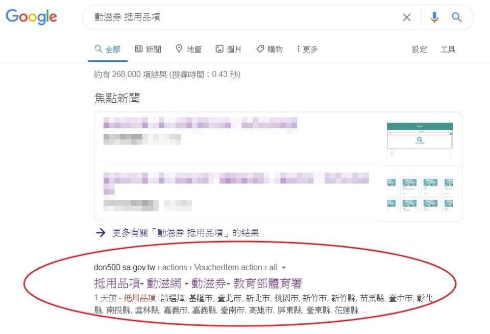 搜尋特定關鍵字，仍可進入動滋券官網「抵用品項」單元。（圖／翻攝自Google搜尋）