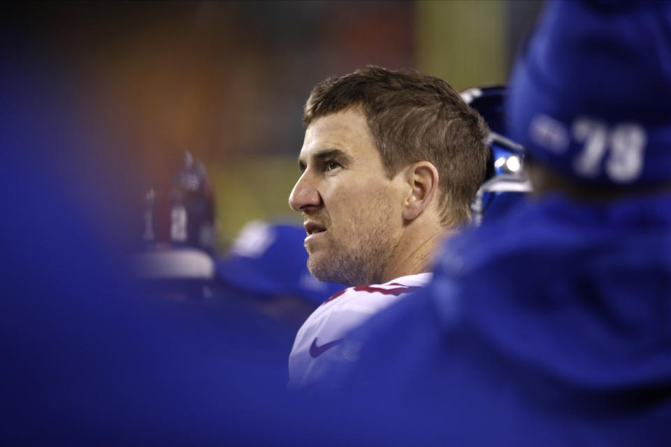 New York Giants' Eli Manning looks on from the sidelines during the first half of an NFL football game against the Philadelphia Eagles, Monday, Dec. 9, 2019, in Philadelphia. (AP Photo/Matt Rourke)