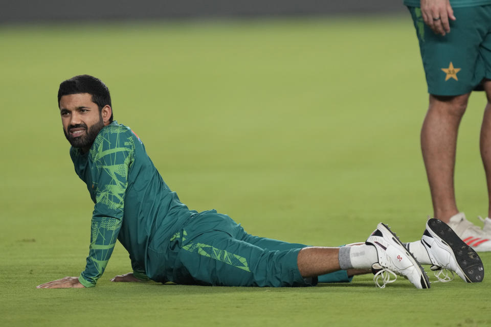 Pakistan's Mohammad Rizwan attends a practice session ahead of their ICC Cricket World Cup match against India in Ahmedabad, India, Thursday, Oct. 12, 2023. India and Pakistan will play their World Cup match in Ahmedabad on Saturday. (AP Photo/Ajit Solanki)