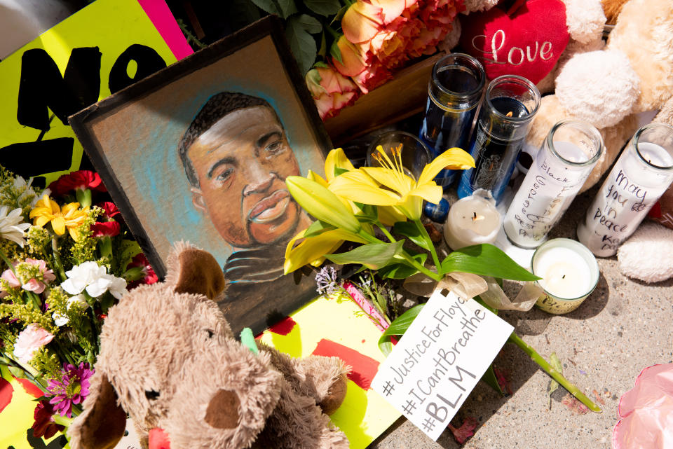 A memorial for George Floyd is seen on Wednesday in Minneapolis. (Photo by Steel Brooks/Anadolu Agency via Getty Images)