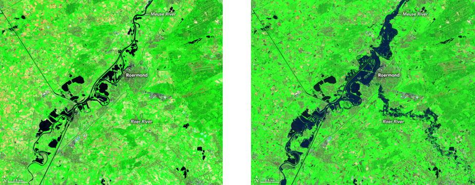 The Meuse River in the southeast corner of the Netherlands, before (left) and (after) an intense rainstorm hit the region in July, flooding the river and forcing nearly 5,000 people to evacuate the town of Roermond. NASA