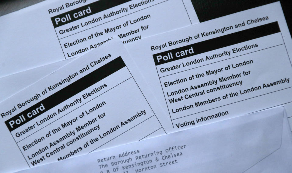 Three polling cards for the London Mayoral election and local councillors, from the Royal Borough of Kensington and Chelsea, photographed in London on Thursday, April 29, 2021. Brexit and the coronavirus pandemic have hit London in a perfect storm. On May 6, Londoners will elect a mayor, whose performance will help determine whether this is the start of a period of decline for Europe's biggest city — or a chance to do things better. Current Mayor Sadiq Khan, who is favored to win re-election, says his top priority is preserving jobs threatened by the economic blow of the pandemic. Rival Shaun Bailey says his top priority is crime. Whoever wins will face the challenge of leading London's fightback from its biggest shock for generations. (AP Photo/Alastair Grant)