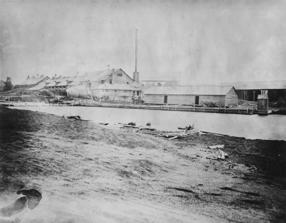 Wisconsin Leather Co. tannery buildings at Two Rivers, about 1863.