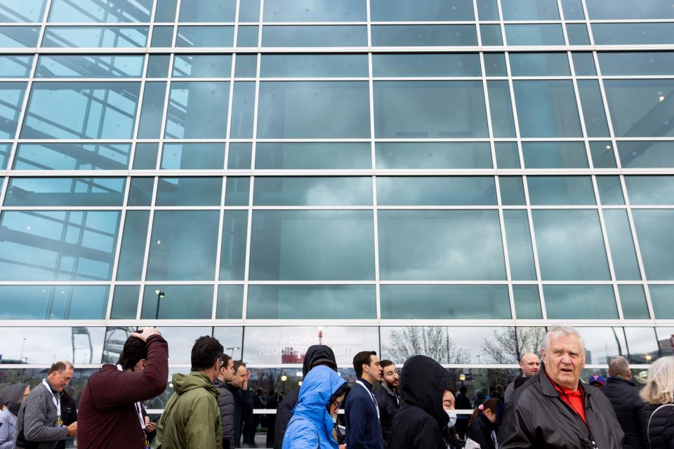 People line up for the Berkshire Hathaway 2022 Annual Shareholders Meeting weekend outside the CHI Health Center in Omaha, Nebraska,  on Saturday