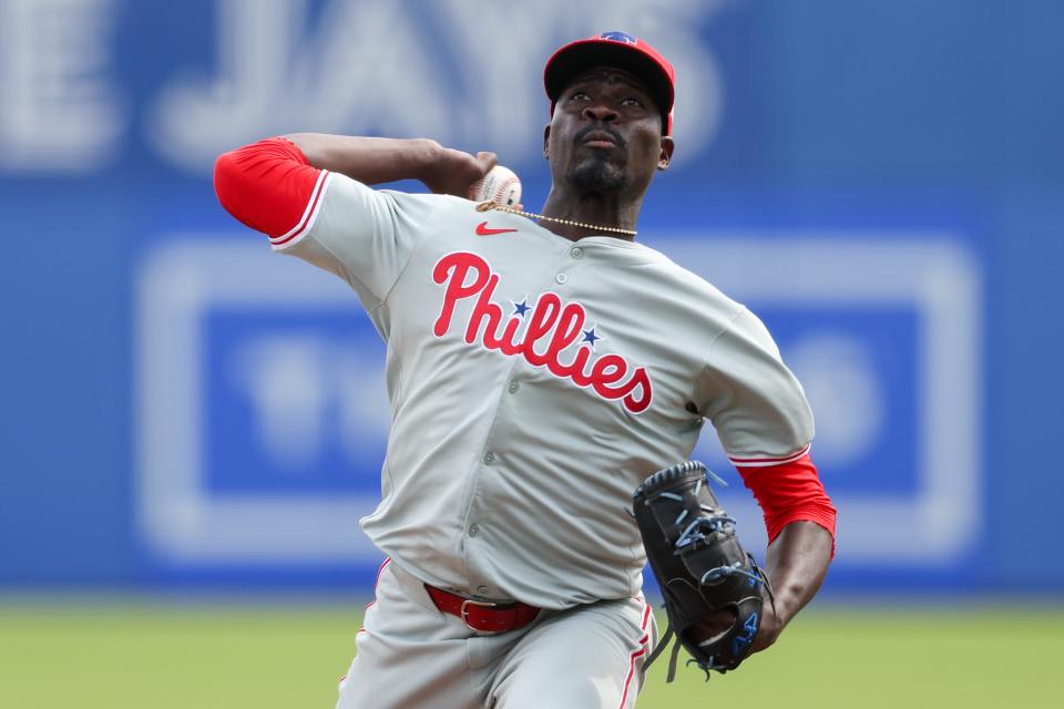 Philadelphia Phillies relief pitcher Yunior Marte (43) throws a pitch against the Toronto Blue Jays in the sixth inning at TD Ballpark.