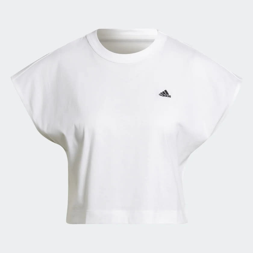 White tee with Adidas logo on right hand side.