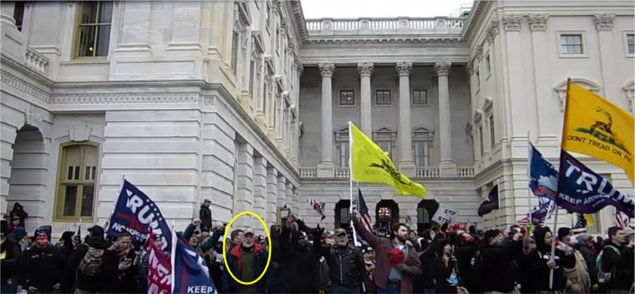 FBI investigation photos of Daniel Hatcher (circled in yellow) from the Jan. 6, 2021, riot at the U.S. Capitol.