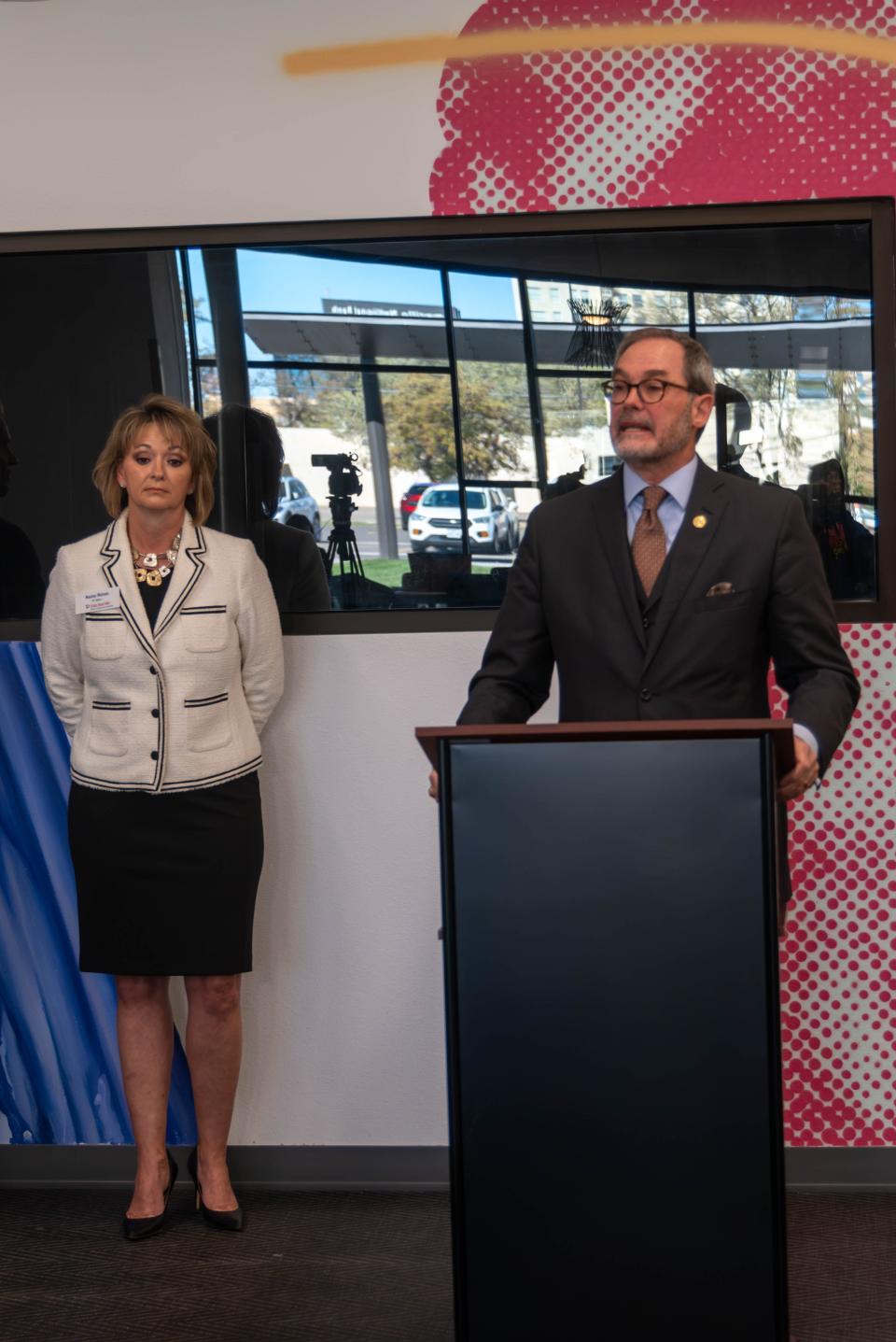 Texas Sen. Kevin Sparks speaks Friday at the Innovation Outpost in downtown Amarillo about Proposition 8.