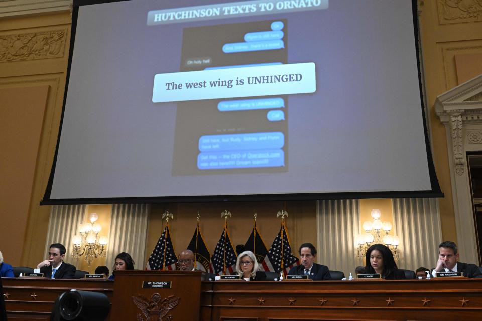 An evidence document is shown on a screen during a full committee hearing on "the January 6th Investigation," on Capitol Hill on July 12, 2022, in Washington, DC.