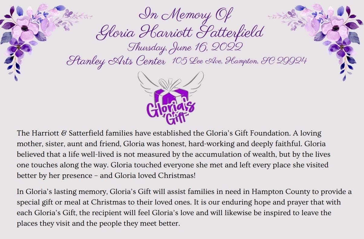The program announcement for Gloria's Gift Foundation.