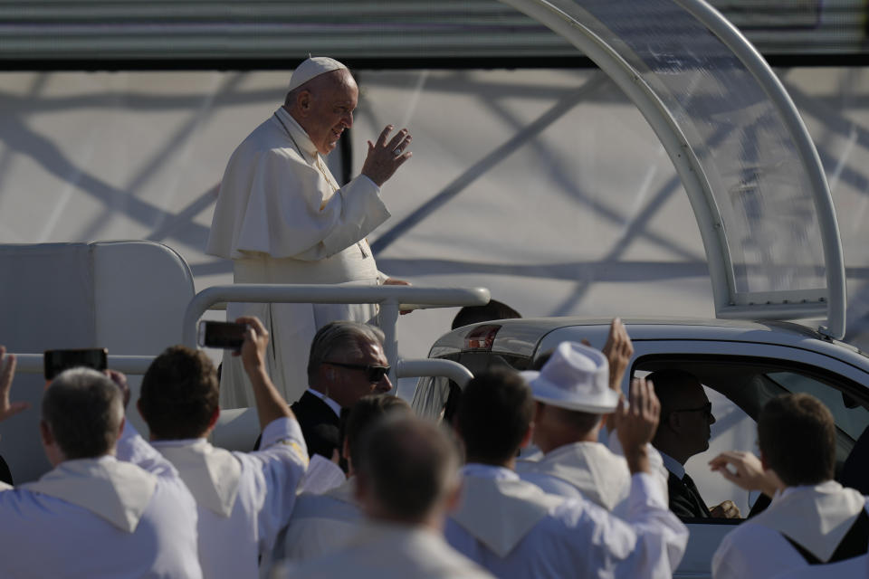 Pope Francis arrives in the esplanade of the National Shrine in Sastin, Slovakia, Wednesday, Sept. 15, 2021. Pope Francis is to hold an open air mass in Sastin, the site of an annual pilgrimage each September 15 to venerate Slovakia's patron, Our Lady of Sorrows. (AP Photo/Petr David Josek)
