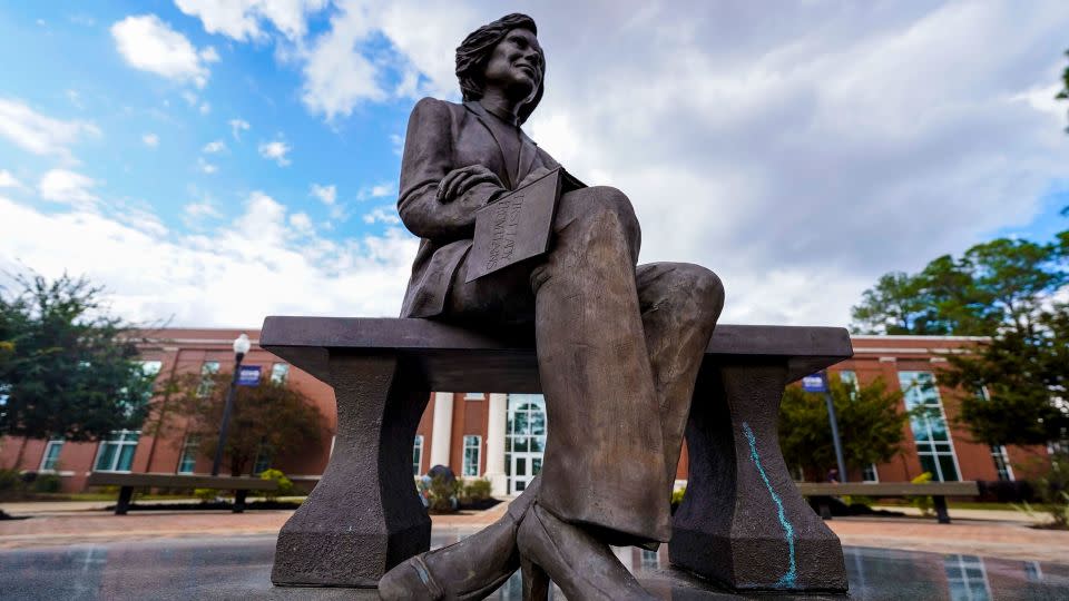 A statue of Rosalynn Carter stands in front of the Health and Human Sciences Complex on the campus of Georgia Southwestern State University on Monday, November 20, 2023.  -Mike Stewart/AP