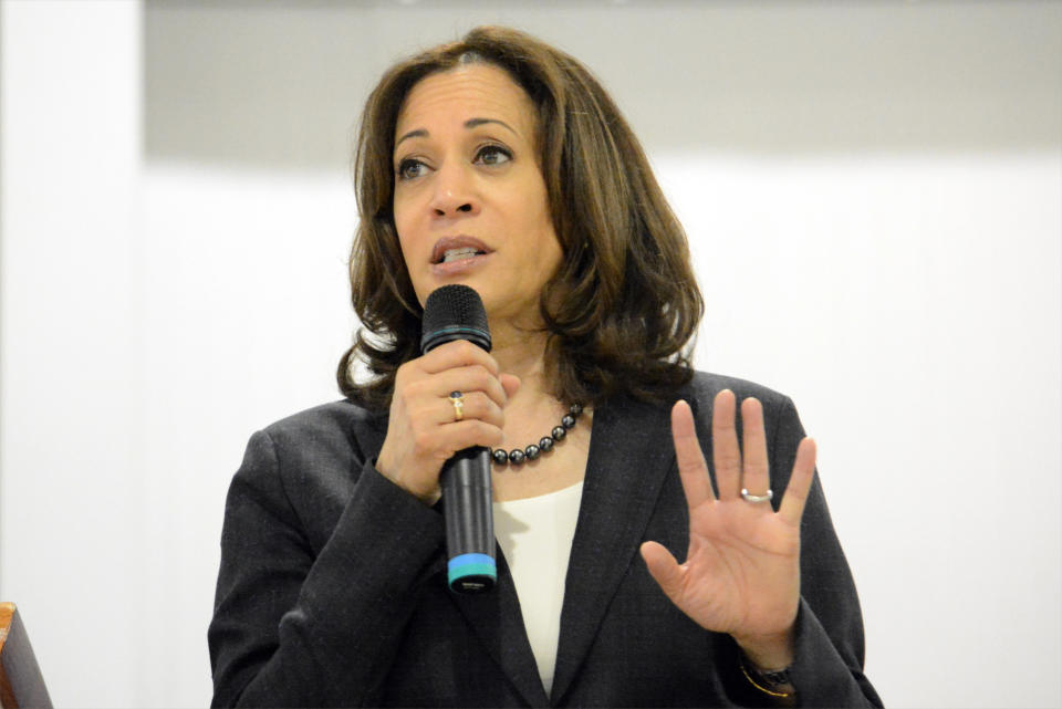 In this March 9, 2019, photo, Sen. Kamala Harris, D-Calif., speaks during an event in St. George, S.C. Elizabeth Warren is betting voters are looking for a policy guru. Harris thinks they want a candidate who moves them with a personal story. As they roll out their president campaigns, the two senators are field-testing dramatically different theories about how to connect to with electorate. (AP Photo/Meg Kinnard)