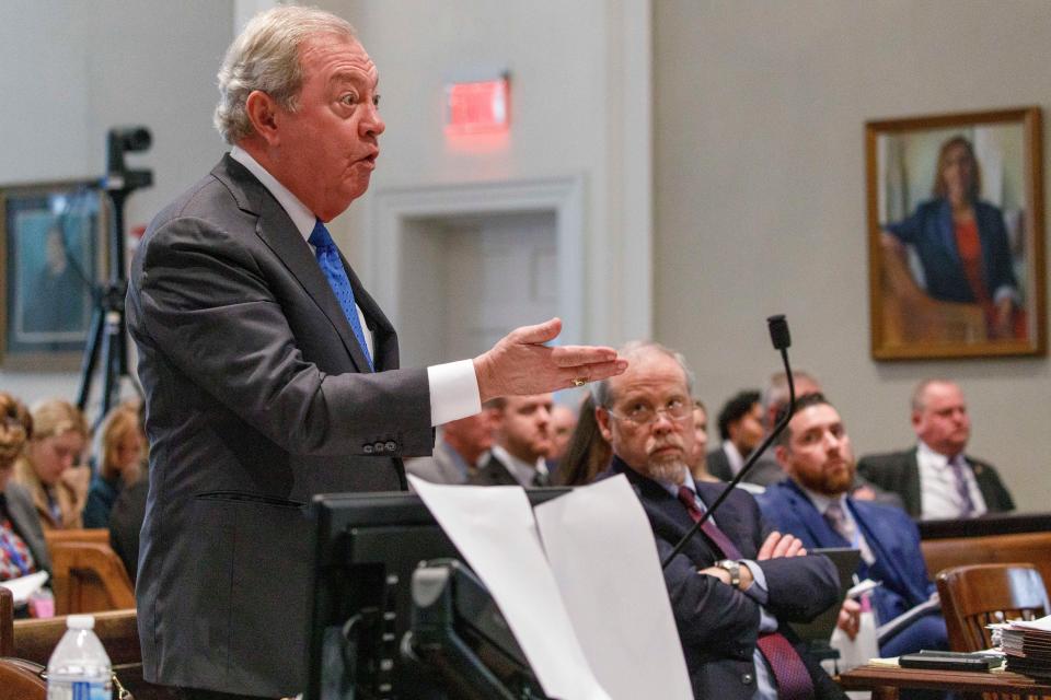 Jan 26, 2023; Walterboro, SC, USA; Defense attorney Dick Harpootlian objects to questioning during the Alex Murdaugh murder trial at the Colleton County Courthouse in Walterboro, Thursday, Jan. 26, 2023. Mandatory Credit: Grace Beahm Alford/Pool via USA TODAY NETWORK