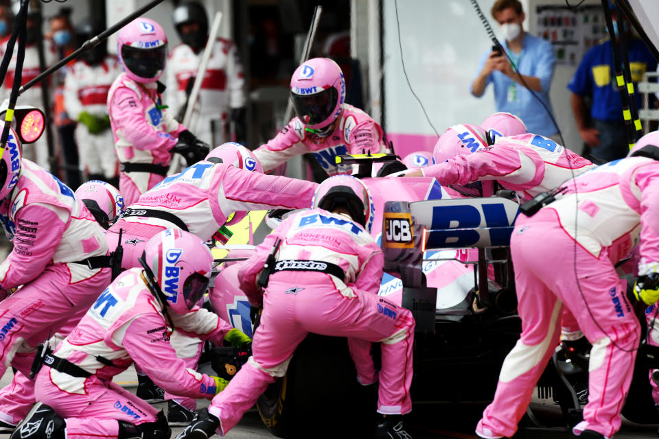 BUDAPEST, HUNGARY - JULY 19: Racing Point team members work in the pit lane during the Formula One Grand Prix of Hungary at Hungaroring on July 19, 2020 in Budapest, Hungary. (Photo by Peter Fox/Getty Images)