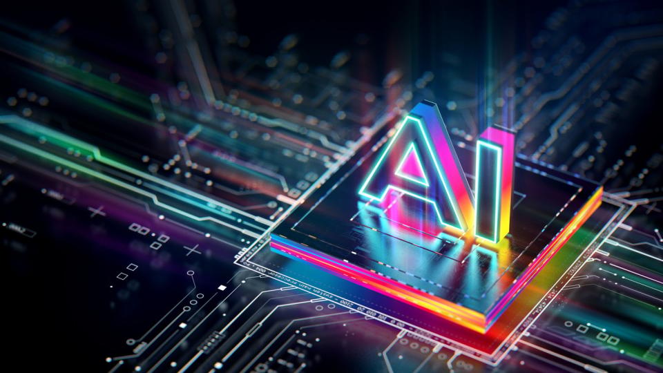 The letters AI glowing on a circuit board processor.