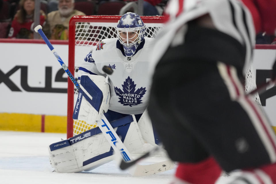 Toronto Maple Leafs goaltender Ilya Samsonov watches the puck come at him during the second period of an NHL hockey game against the Chicago Blackhawks Friday, Nov. 24, 2023, in Chicago. (AP Photo/Erin Hooley)