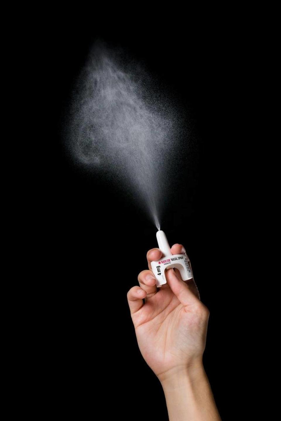 One type of naloxone shoots a fine mist into each of the victim’s nostrils.