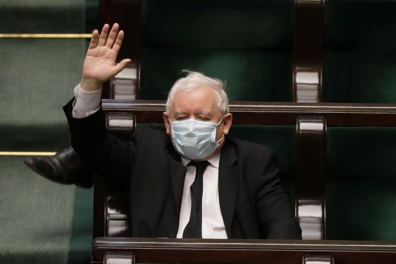 Law and Justice (PiS) leader Jaroslaw Kaczynski wears protective mask as he attends the Polish Parliament session to debate new limits on abortion and sexual education, in Warsaw