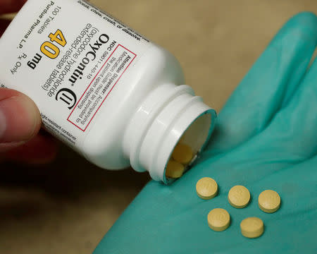 FILE PHOTO: A pharmacist holds prescription painkiller OxyContin, 40mg pills, made by Purdue Pharma L.P. at a local pharmacy, in Provo, Utah, U.S. on April 25, 2017. REUTERS/George Frey/File Photo