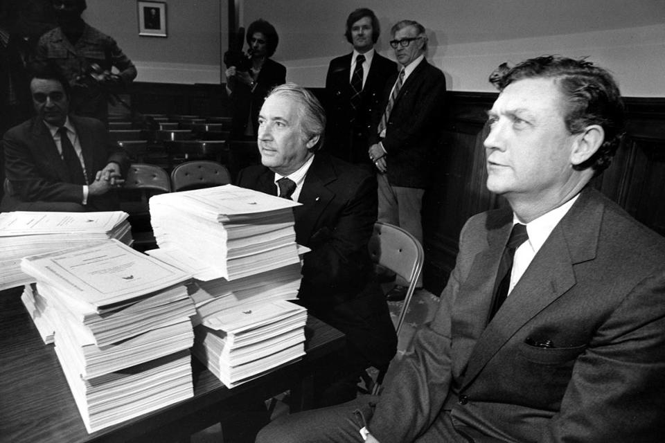 John Doar (right), the House Judiciary Committee's chief counsel, sits with Chiarman Peter Rodino in the midst of the impeachment inquiry into Richard Nixon in 1974.