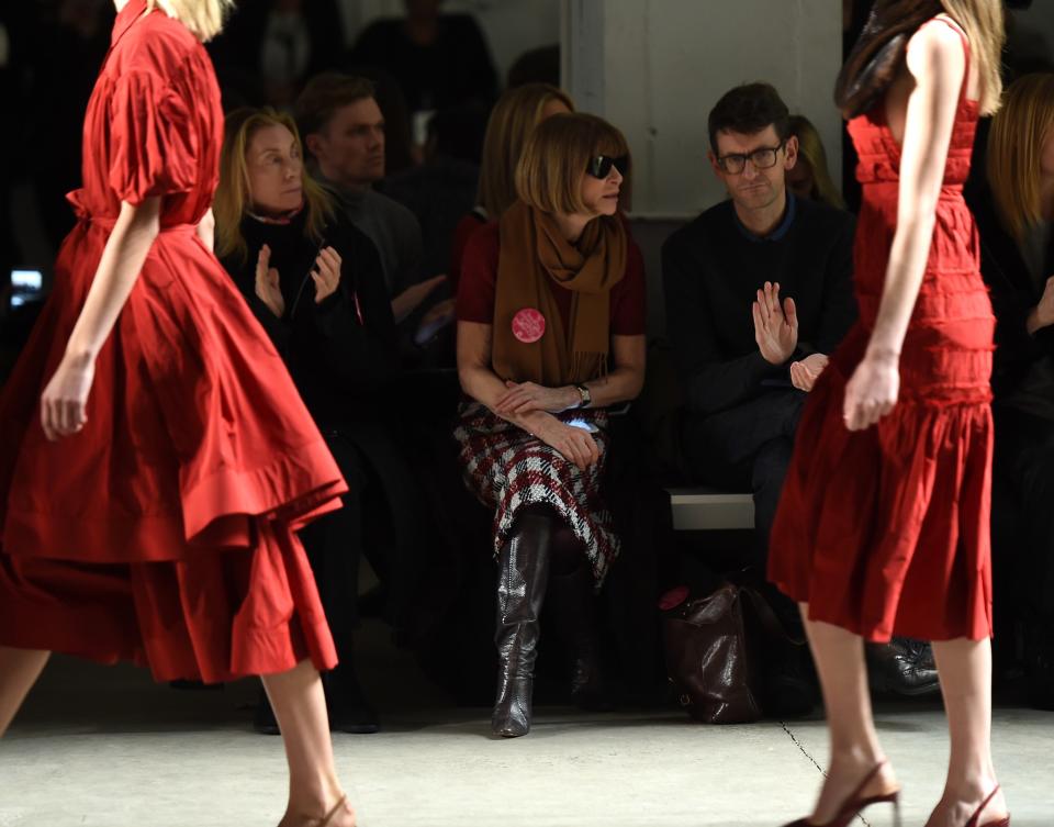 <p>Even famed <em>Vogue</em> editor Anna Wintour wore the Planned Parenthood pin while front row at the Brock Collection fashion show. (Photo: Getty Images) </p>