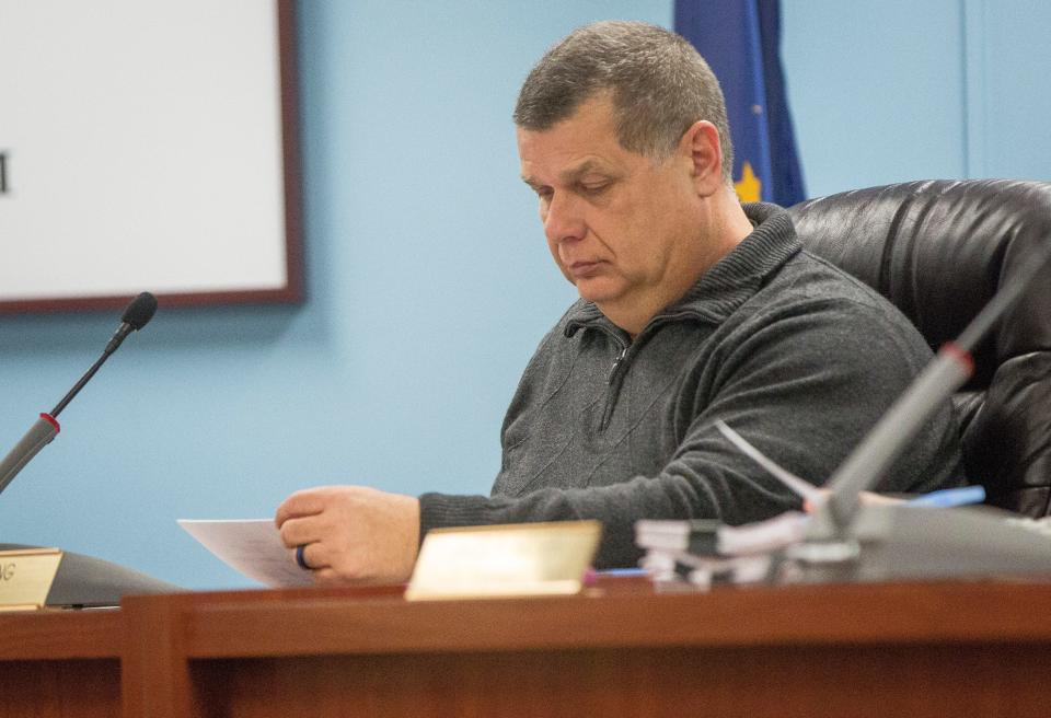 James King, Delaware County Commissioner, sits at the bench of the court room during the monthly meeting of the commissioners. 