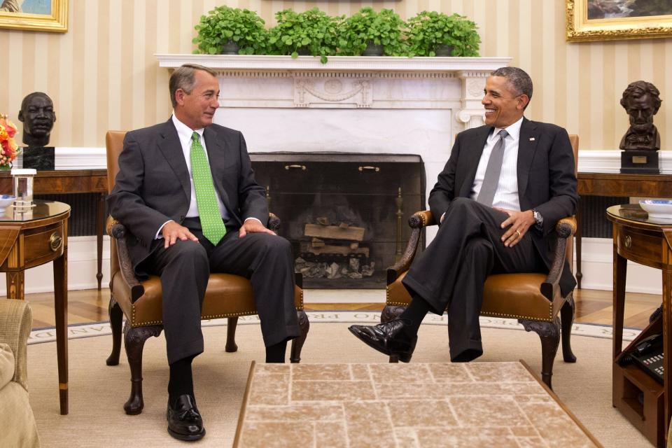 President Barack Obama meets with House Speaker John Boehner of Ohio in the Oval Office of the White House in Washington, Tuesday, Feb. 25, 2014. The Democratic president and Republican speaker met in the Oval Office, their first meeting alone at the White House since December 2012, when they failed to reach agreement on tax reform and spending cuts during deficit-reduction talks. (AP Photo/Jacquelyn Martin)