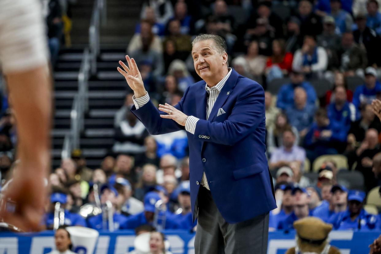 Mar 21, 2024; Pittsburgh, PA, USA; Kentucky Wildcats head coach John Calipari reacts to a play in the first round of the 2024 NCAA Tournament at PPG Paints Arena. Mandatory Credit: Charles LeClaire-USA TODAY Sports